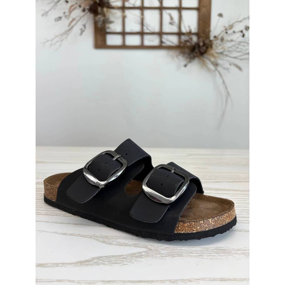 NEW OUTWOODS women's bold buckle slide sandals in black